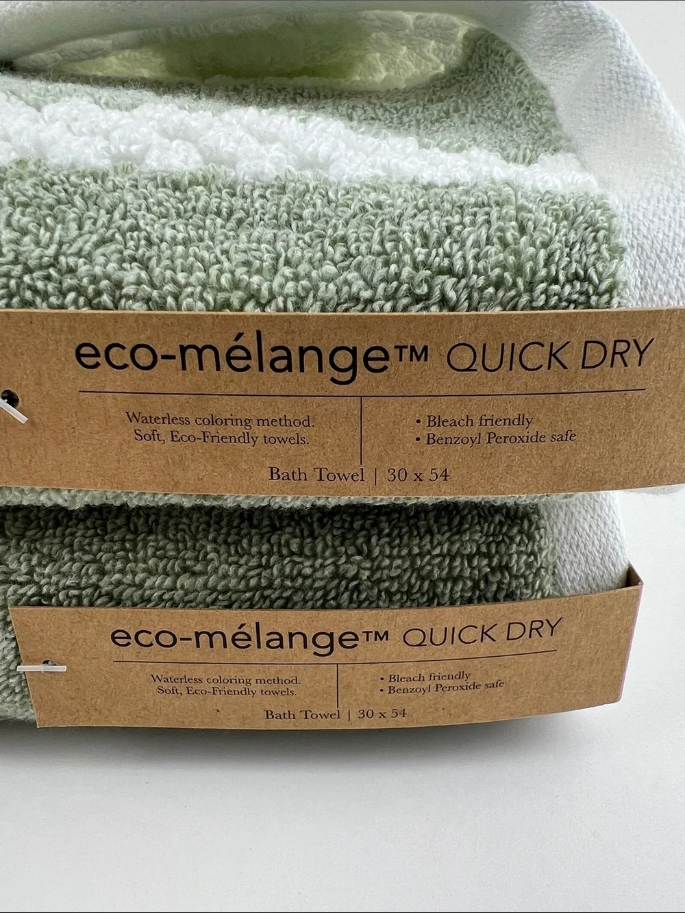 Eco Melange Bath Towels Green White Quick Dry Soft 100% Cotton 10 Pc Set NEW